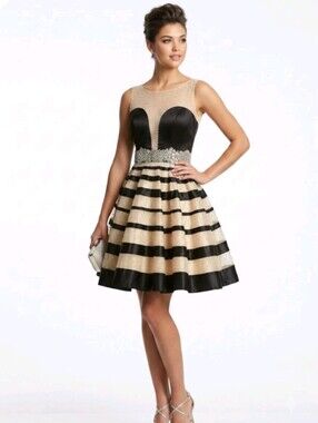 Angela & Alison Sleeveless Black and Champagne Jrs Party Dress w Striped Skirt